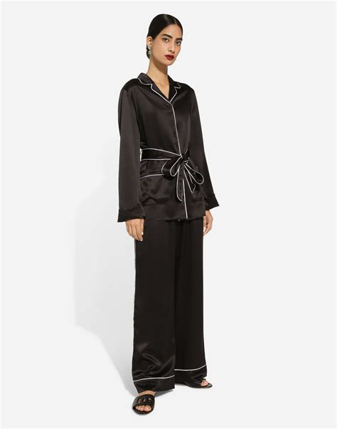 Silk pajama pants with contrasting piping in Black for Women